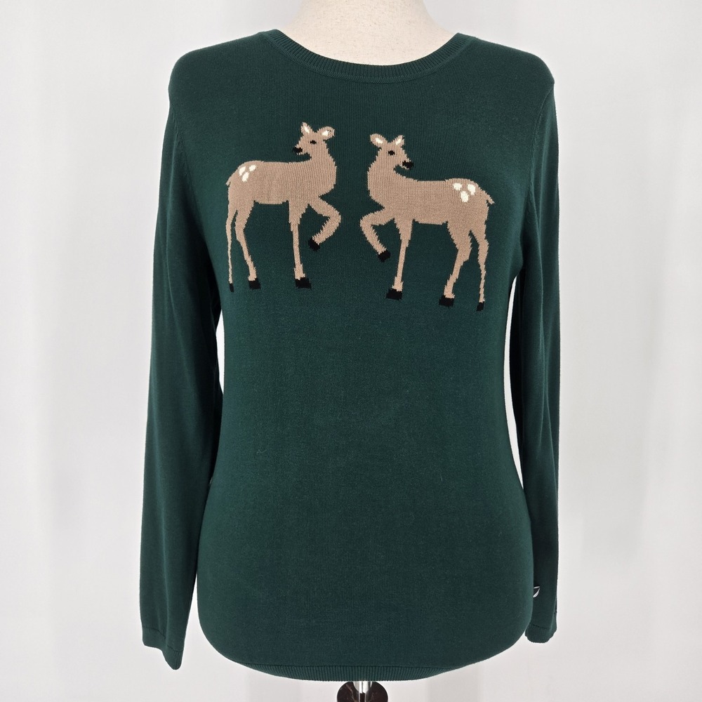 NWT Nautica Jeans Women M Green Deer Graphic 100% Cotton Crewneck Sweater